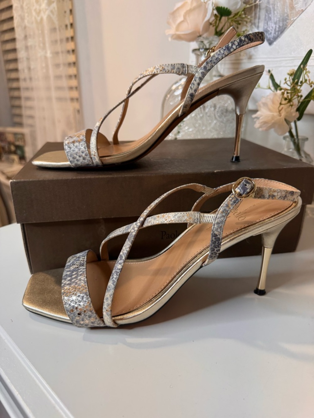 Paolo Gold-Tone Stiletto Sandals with Metallic Snake-Print Straps - Picture 3 of 10